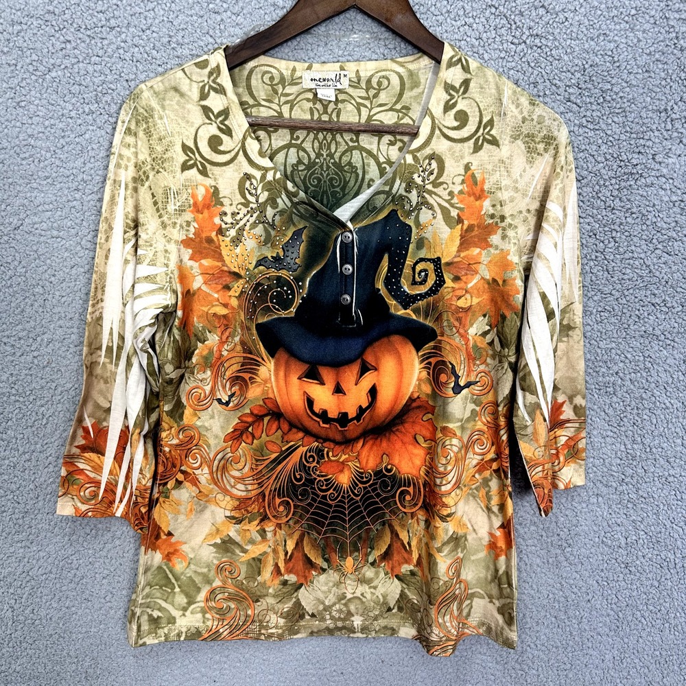 OneWorld Halloween Top‎ M Pumpkin Witch Hat Fall Leaves Gothic Whimsigoth Boho